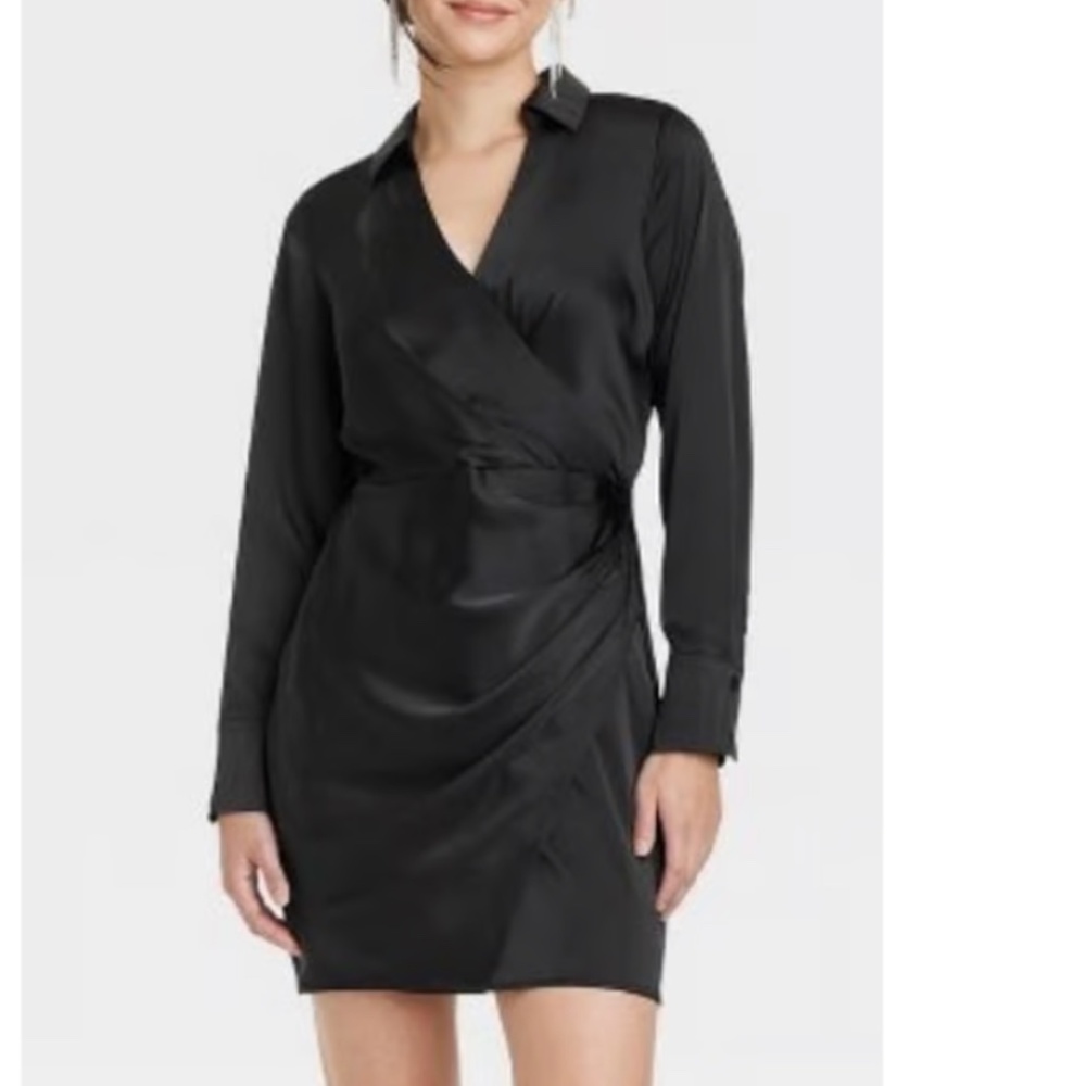 Women's Long Sleeve Satin Shirtdress - A New Day™ Black M